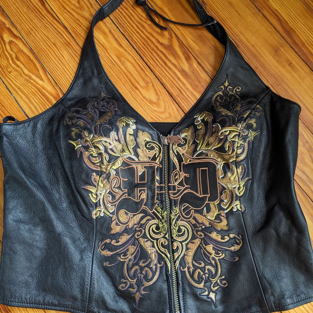 Black Leather Halter Top with Embroidered Design